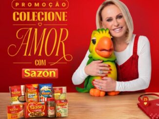 Banner da Promoção Colecione Amor com Sazón, com Ana Maria Braga segurando o boneco Louro José, produtos Sazón ao fundo e brindes exclusivos da coleção ao lado direito.