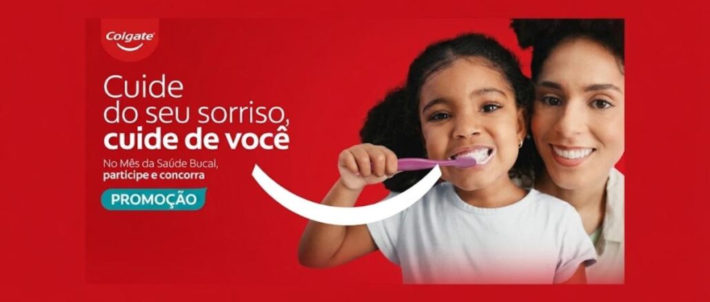 Promoção Colgate Cuide do Seu Sorriso, Cuide de Você Promoção Colgate Cuide do Seu Sorriso, Cuide de Você — menina escovando os dentes ao lado de mulher sorridente, em fundo vermelho com logotipo Colgate.