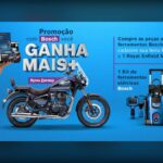 Banner da Promoção Com Bosch Você Ganha Mais, com prêmios como moto Royal Enfield Meteor 350, kit de ferramentas elétricas Bosch e vouchers de R$250.
