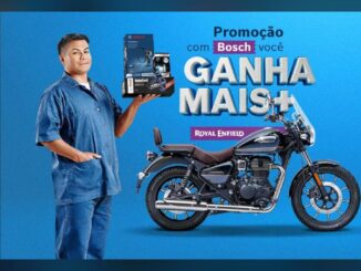 Banner da Promoção Com Bosch Você Ganha Mais, com prêmios como moto Royal Enfield Meteor 350, kit de ferramentas elétricas Bosch e vouchers de R$250.