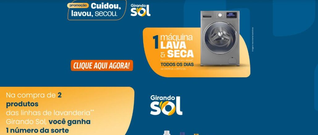 Banner da Promoção Cuidou, Lavou, Secou da marca Girando Sol, válida no Rio Grande do Sul, com sorteio diário de máquina de lavar e secar entre 01/09/26 e 09/12/26.