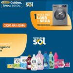 Banner da Promoção Cuidou, Lavou, Secou da marca Girando Sol, válida no Rio Grande do Sul, com sorteio diário de máquina de lavar e secar entre 01/09/26 e 09/12/26.