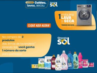 Banner da Promoção Cuidou, Lavou, Secou da marca Girando Sol, válida no Rio Grande do Sul, com sorteio diário de máquina de lavar e secar entre 01/09/26 e 09/12/26.