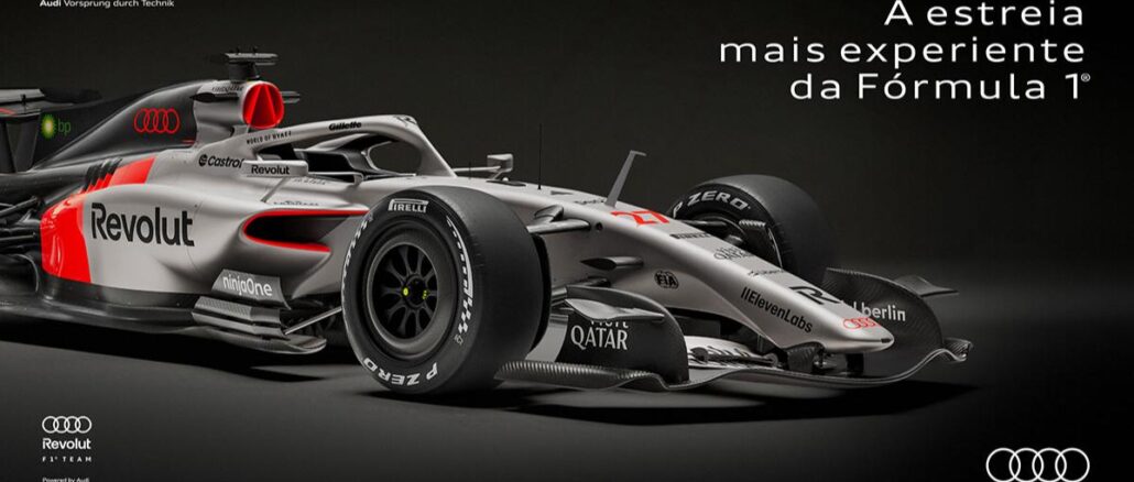 Carro de Fórmula 1 da Audi Revolut F1 Team em acabamento prata e vermelho com patrocinadores como Revolut, Castrol, BP, Pirelli e Qatar, sobre fundo preto, com o texto "A estreia mais experiente da Fórmula 1" e o logotipo da Audi.