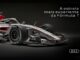 Carro de Fórmula 1 da Audi Revolut F1 Team em acabamento prata e vermelho com patrocinadores como Revolut, Castrol, BP, Pirelli e Qatar, sobre fundo preto, com o texto "A estreia mais experiente da Fórmula 1" e o logotipo da Audi.