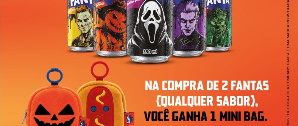 Promoção Fanta Halloween Monster Dog: na compra de 2 latas Fanta de qualquer sabor, ganhe uma mini bag exclusiva.
