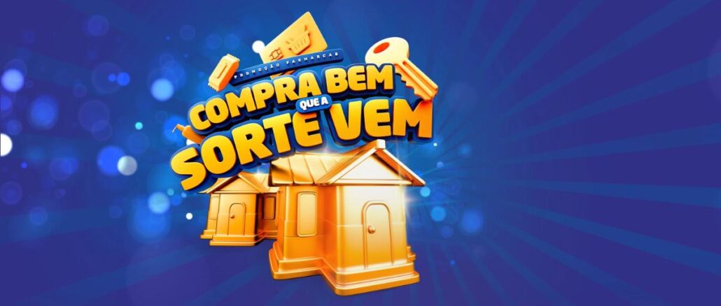 Promoção Farmarcas Compra Bem Que a Sorte Vem Arte da Promoção Farmarcas Compra Bem Que a Sorte Vem, com casas douradas em 3D sobre fundo azul.