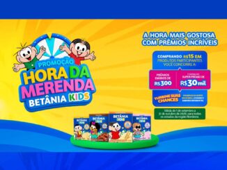 Banner da Promoção Hora da Merenda Betânia Kids: compre R$15 em produtos participantes e concorra a prêmios diários de R$300 e super prêmio de R$30 mil. Válida de 1º de setembro a 31 de outubro de 2026 para a região Nordeste.