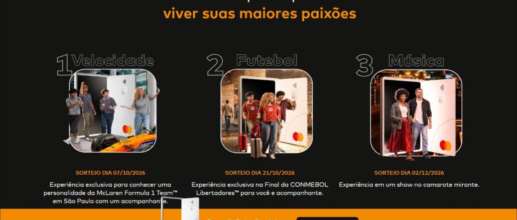 Banner da Promoção Portas Premiadas Mastercard com três categorias de prêmios: Velocidade, Futebol e Música, cada uma com datas de sorteio e experiências exclusivas a concorrer.