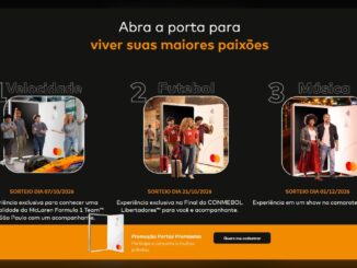 Banner da Promoção Portas Premiadas Mastercard com três categorias de prêmios: Velocidade, Futebol e Música, cada uma com datas de sorteio e experiências exclusivas a concorrer.