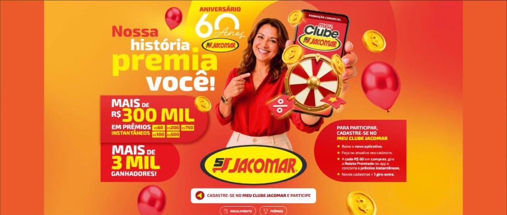 Banner da promoção Nossa História Premia Você, dos Supermercados Jacomar, comemorativa ao aniversário de 60 anos da rede, com prêmios instantâneos via aplicativo Meu Clube Jacomar.