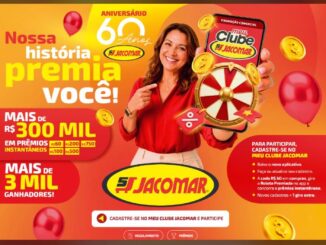 Banner da promoção Nossa História Premia Você, dos Supermercados Jacomar, comemorativa ao aniversário de 60 anos da rede, com prêmios instantâneos via aplicativo Meu Clube Jacomar.