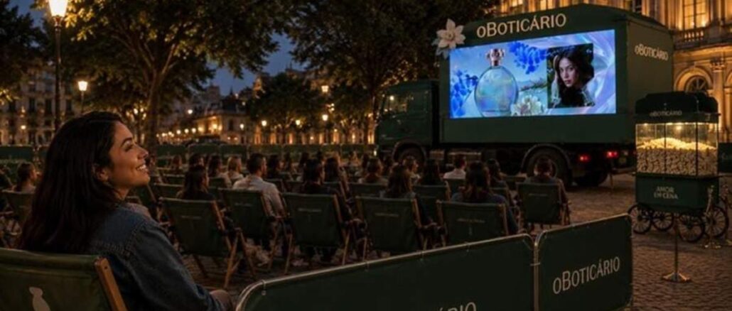 Promoção O Boticário Deixe o Amor Entrar em Cena em Minas Gerais Cinema ao ar livre de O Boticário em praça histórica à noite, com mulher sorridente em cadeira verde, plateia assistindo a tela montada em caminhão e carrinho de pipoca com a inscrição Amor em Cena.