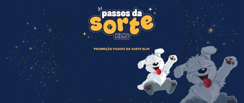 Banner da Promoção Passos da Sorte Klin com dois mascotes caninos animados em fundo azul estrelado.