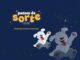 Banner da Promoção Passos da Sorte Klin com dois mascotes caninos animados em fundo azul estrelado.