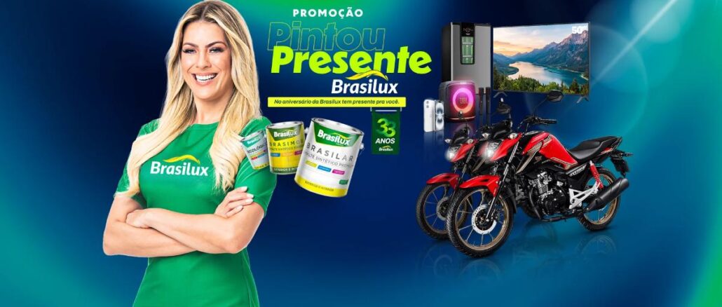 Promoção Pintou Presente Brasilux Banner da Promoção Pintou Presente Brasilux, comemorativa aos 33 anos da marca, com prêmios como motos, TV 50 polegadas, caixa de som e geladeira.