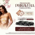 Banner da Promoção Primavera ParkShopping Brasília: compras a partir de R$900 entre 4 e 27 de setembro garantem um pareô floral Victor Hugo e número da sorte para concorrer a 3 BMW X1, com sorteio no dia 30/9.
