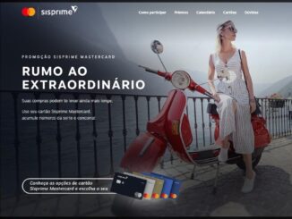 Banner da Promoção Rumo ao Extraordinário Sisprime Mastercard, com mulher apoiada em scooter vermelha à beira de lago europeu.