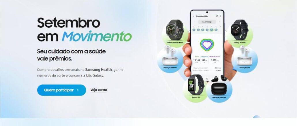 Banner da promoção Samsung Health Setembro em Movimento, com prêmios como Galaxy Watch Ultra2, Galaxy Watch7, Galaxy Buds4 Pro, Galaxy Buds4, Galaxy Fit3 e Galaxy Buds Core.