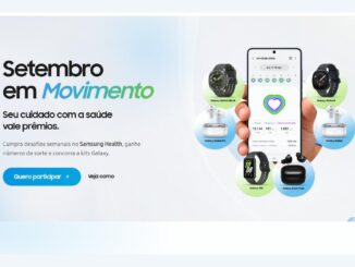 Banner da promoção Samsung Health Setembro em Movimento, com prêmios como Galaxy Watch Ultra2, Galaxy Watch7, Galaxy Buds4 Pro, Galaxy Buds4, Galaxy Fit3 e Galaxy Buds Core.