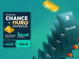Arte da Promoção Sicoob Chance de Ouro Empresas, com cartões de crédito PJ Sicoob Mastercard e premiação de R$820 mil em certificados de barras de ouro.