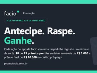 Banner da Promoção Tá Facio com fundo escuro e detalhes verdes, com o slogan Antecipe. Raspe. Ganhe., período de 5 de outubro a 6 de novembro e uma raspadinha digital ao lado.