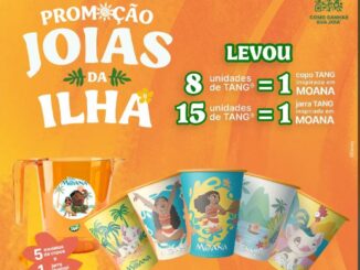 Imagem promocional da Promoção Tang Joias da Ilha com temática Moana, exibindo copos e jarra colecionáveis da marca Tang inspirados no filme da Disney.