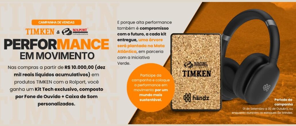 Promoção Timken & Rolport Performance em Movimento Banner da campanha de vendas Timken e Rolport Performance em Movimento, com fone de ouvido e caixa de som personalizados como brindes, válida de 1º de setembro a 30 de outubro.
