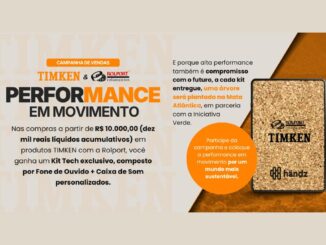 Banner da campanha de vendas Timken e Rolport Performance em Movimento, com fone de ouvido e caixa de som personalizados como brindes, válida de 1º de setembro a 30 de outubro.