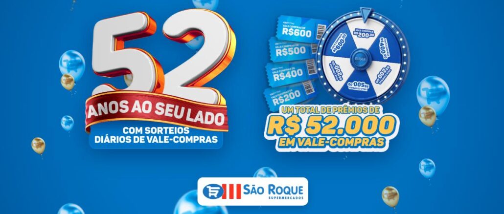 Banner da Promoção de Aniversário 52 Anos São Roque Supermercados, com sorteios diários de vale-compras e prêmio total de R$52.000,00 em vale-compras durante o mês de setembro.