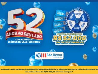 Banner da Promoção de Aniversário 52 Anos São Roque Supermercados, com sorteios diários de vale-compras e prêmio total de R$52.000,00 em vale-compras durante o mês de setembro.
