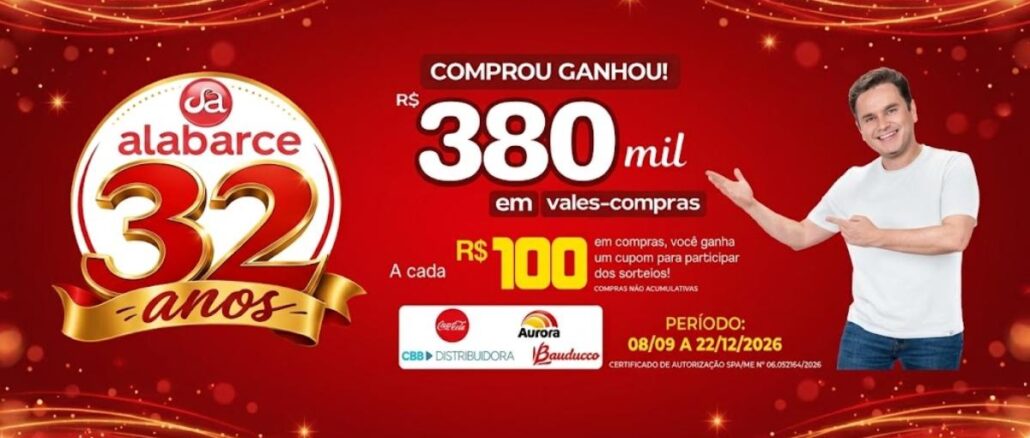 Promoção de Aniversário Alabarce Supermercados 32 Anos em Mogi das Cruzes São Paulo Banner da Promoção de Aniversário Alabarce Supermercados 32 Anos, com prêmio de R$380 mil em vales-compras, válida de 08/09 a 22/12/2026, em Mogi das Cruzes, São Paulo.