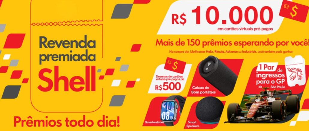 Revenda Premiada Shell 2026 Banner da promoção Revenda Premiada Shell 2026, com prêmios de até R$10.000 em cartões virtuais pré-pagos, smartwatches, caixas de som portáteis, smart speakers e 1 par de ingressos para o GP de São Paulo de Fórmula 1.