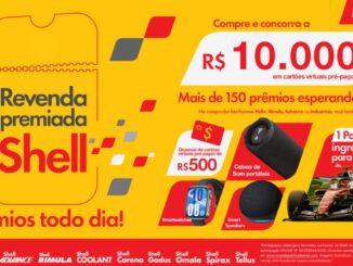 Banner da promoção Revenda Premiada Shell 2026, com prêmios de até R$10.000 em cartões virtuais pré-pagos, smartwatches, caixas de som portáteis, smart speakers e 1 par de ingressos para o GP de São Paulo de Fórmula 1.