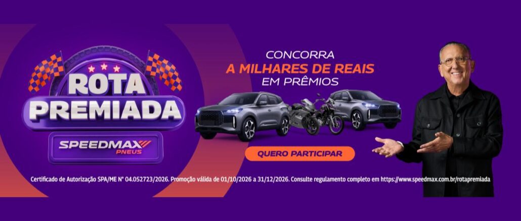 Rota Premiada Speedmax Pneus Banner roxo da promoção Rota Premiada Speedmax Pneus com dois SUVs cinza, uma motocicleta, botão Quero Participar e homem de cabelos grisalhos sorrindo à direita.