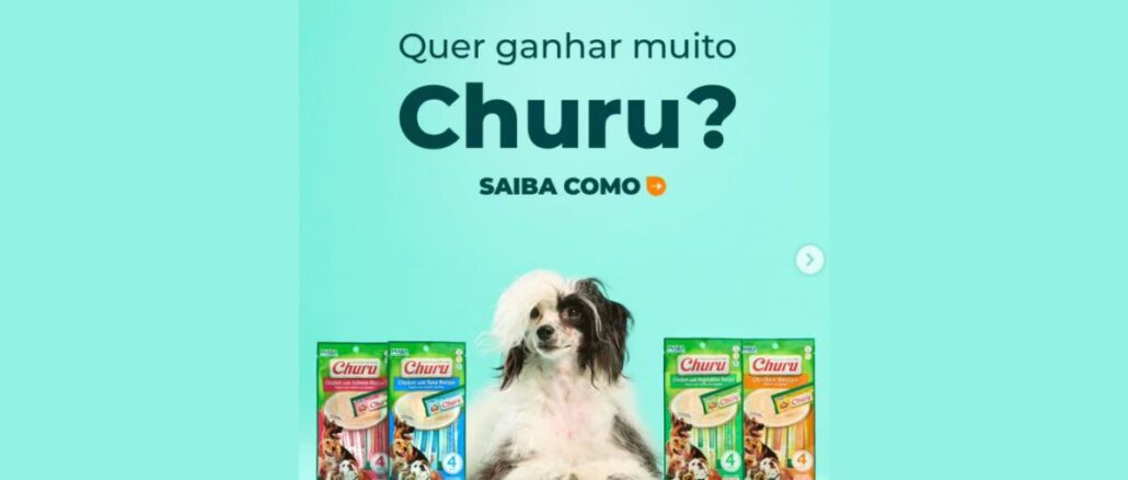 Arte da promoção Seguidor Premiado Cobasi Outubro 2026 com um cão de pelagem branca e preta deitado entre embalagens de petisco Churu para cães, sobre fundo verde-água, com a pergunta "Quer ganhar muito Churu?".