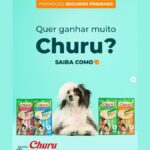 Arte da promoção Seguidor Premiado Cobasi Outubro 2026 com um cão de pelagem branca e preta deitado entre embalagens de petisco Churu para cães, sobre fundo verde-água, com a pergunta "Quer ganhar muito Churu?".