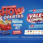 Banner da Promoção Show de Ofertas Nestlé e Grupo Mateus 40 anos, com carrinho de supermercado cheio de produtos Nestlé e destaque para vale-compras de R$150 a cada R$40 em compras.