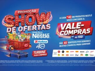 Banner da Promoção Show de Ofertas Nestlé e Grupo Mateus 40 anos, com carrinho de supermercado cheio de produtos Nestlé e destaque para vale-compras de R$150 a cada R$40 em compras.