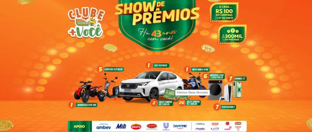 Show de Prêmios Alvorada Supermercados 43 Anos com Você no Interior de Minas Gerais Promoção Show de Prêmios Alvorada Supermercados 43 Anos com Você, com prêmios como Fiat Fastback, moto BMW G 310R, quadriciclo ATV 260, scooters elétricas, vales-compra, máquinas lava e seca Philco, iPhones 17 e PlayStation 5.