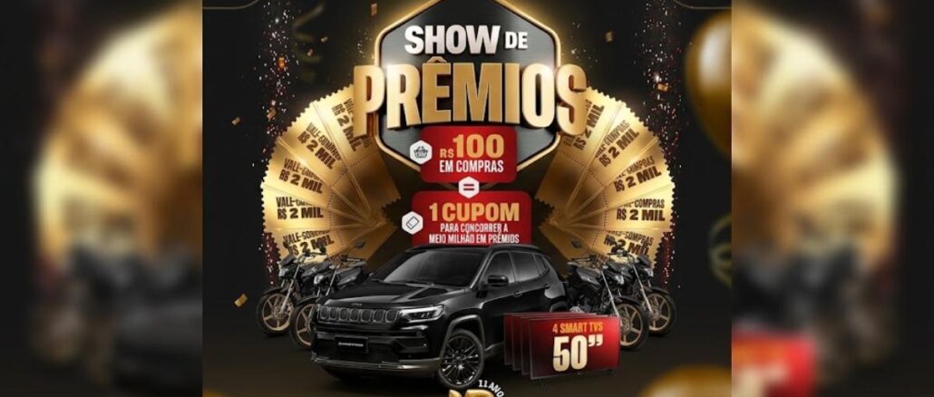 Show de Prêmios Aniversario Mais B Supermercados no Pará Promoção Show de Prêmios de aniversário de 11 anos do Mais B Supermercados: a cada R$100 em compras, o cliente ganha 1 cupom para concorrer a meio milhão em prêmios, incluindo um Jeep Compass preto, motos, 4 Smart TVs 50 polegadas e vales-compras de R$2 mil.
