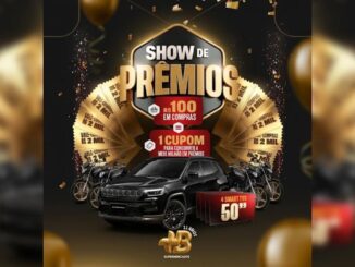 Promoção Show de Prêmios de aniversário de 11 anos do Mais B Supermercados: a cada R$100 em compras, o cliente ganha 1 cupom para concorrer a meio milhão em prêmios, incluindo um Jeep Compass preto, motos, 4 Smart TVs 50 polegadas e vales-compras de R$2 mil.