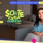 Página da promoção Sorte Extra Ourocap 3ª Edição da BB Seguros com mulher sorridente sentada em sofá cinza e logotipo colorido da campanha.