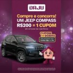 Arte publicitária da promoção Daju no Paraná: compre R$200 nas lojas físicas e concorra a um Jeep Compass. Cupom em dobro com Cartão Daju ou Pix.
