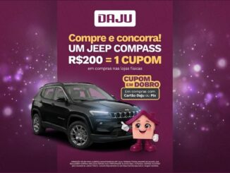 Arte publicitária da promoção Daju no Paraná: compre R$200 nas lojas físicas e concorra a um Jeep Compass. Cupom em dobro com Cartão Daju ou Pix.