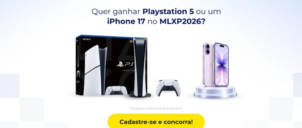Sorteio Digital Growth 2026 PS5 e iPhone MLXP2026 Banner do sorteio Digital Growth 2026 com prêmios PlayStation 5 e iPhone 17, promovido durante o evento MLXP2026, com sorteio em 25 de setembro de 2026.