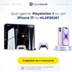 Banner do sorteio Digital Growth 2026 com prêmios PlayStation 5 e iPhone 17, promovido durante o evento MLXP2026, com sorteio em 25 de setembro de 2026.