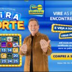 Banner publicitário da promoção Vira Sorte da Tele Sena Semanal no SBT, com apresentador, grade de peças numeradas e prêmio de até R$50.000,00 em certificado de barra de ouro.