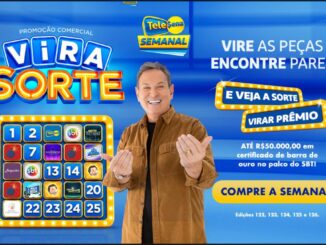 Banner publicitário da promoção Vira Sorte da Tele Sena Semanal no SBT, com apresentador, grade de peças numeradas e prêmio de até R$50.000,00 em certificado de barra de ouro.