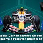 Carro de Fórmula 1 da equipe Visa Cash App Racing Bulls ao centro, com camisa polo e jaqueta oficiais da equipe nas laterais, cartões Sicoob Visa no canto superior direito e o título Promoção Corrida Cartões Sicoob Visa: Concorra a Produtos Oficiais da F1.
